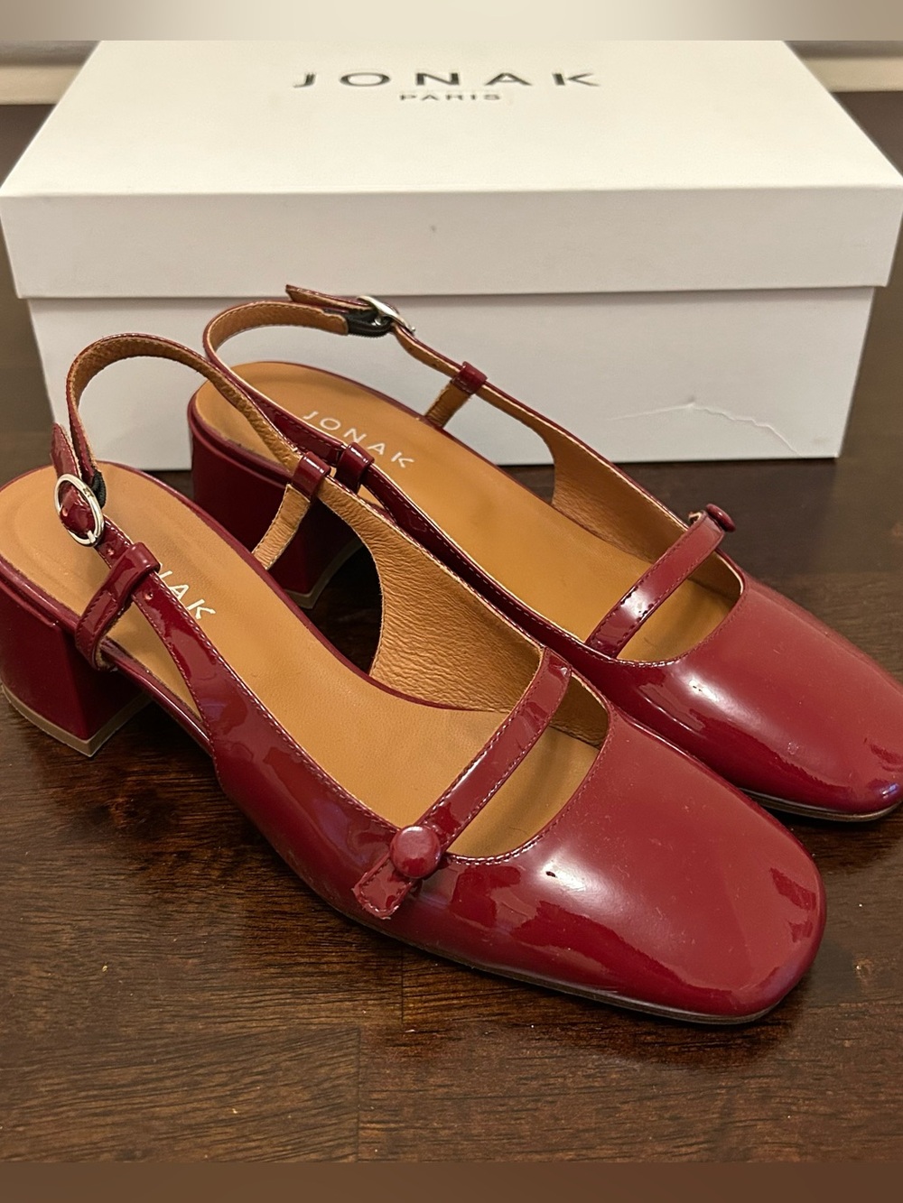 Jonak Mary Jane with open backs in carmine red leather